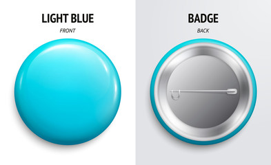 Blank light blue glossy badge or button. 3d render. Round plastic pin, emblem, volunteer label. Front and Back Side. Vector.