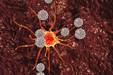 Sticker - T-lymphocytes attacking cancer cell, 3D illustration. Anticancer immunity and treatment concept