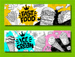 Fast food colorful modern banners set labels. Fast food. Ice cream. donuts. Hot dog, hamburger, coffee, wings, nuggets, tacos