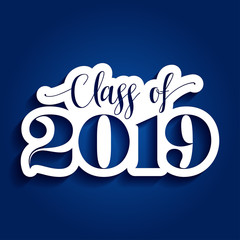 Wall Mural - Class of 2019 Congratulations Graduate - Typography. white sticker and isolated dark blue background.