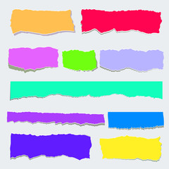 Wall Mural - Scrap paper color set. Torn pieces of color sheet, lower thirds. Flat vector cartoon illustration. Objects isolated on transparent background.