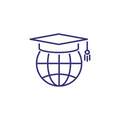 Poster - World university line icon. Graduation cap on globe. Education concept. Can be used for topics like online learning, student exchange, distance training