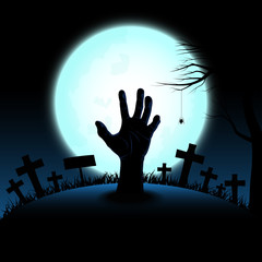 Wall Mural - Halloween concept with zombie hand rising out from the ground in full moon night background, Vector illustration