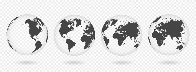 set of transparent globes of earth. realistic world map in globe shape with transparent texture and 