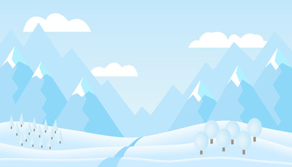 Sticker - Flat design illustration of winter mountain landscape with hills, trees under blue sky and cloud, suitable as Christmas or New Year greeting card