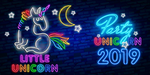 Wall Mural - Beauty Neon sign of Unicorn. Neon emblem, bright banner. Advertising design. Night light signboard. Colourful glowing neon unicorn light sign. Layered vector illustration.