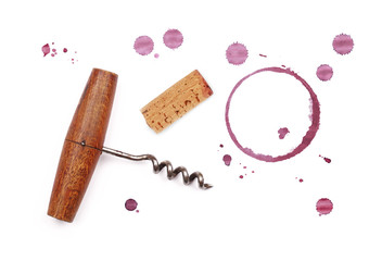 Wall Mural - Red wine cork, opener and stain rings isolated