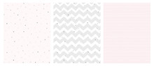 Set Of 3 Bright Delicate Chevron And Dots Vector Patterns. Irregular Tiny Dots Pattern. Grey And Pink Chevron Designs. White, Gray And Pink Pastel Colors.