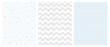 Set Of 3 Bright Delicate Chevron And Dots Vector Patterns. Irregular Tiny Dots Pattern. Grey And Blue Chevron Designs. White, Gray And Blue Pastel Colors.