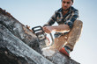 Strong bearded lumberjack in plaid shirt sawing tree with chainsaw, wood chips fly