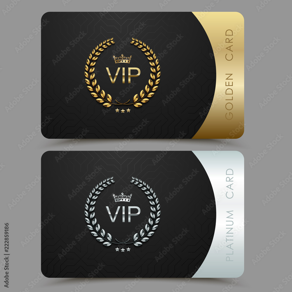 Vector VIP golden and platinum card. Black geometric pattern background with crown laurel wreath. Luxury design for vip member - obrazy, fototapety, plakaty 