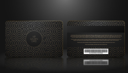 vector template of membership or loyalty black vip card with luxury golden geometric pattern. front 