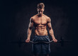 © Fxquadro - Handsome shirtless man with stylish hair and muscular ectomorph doing the exercises with the barbell.