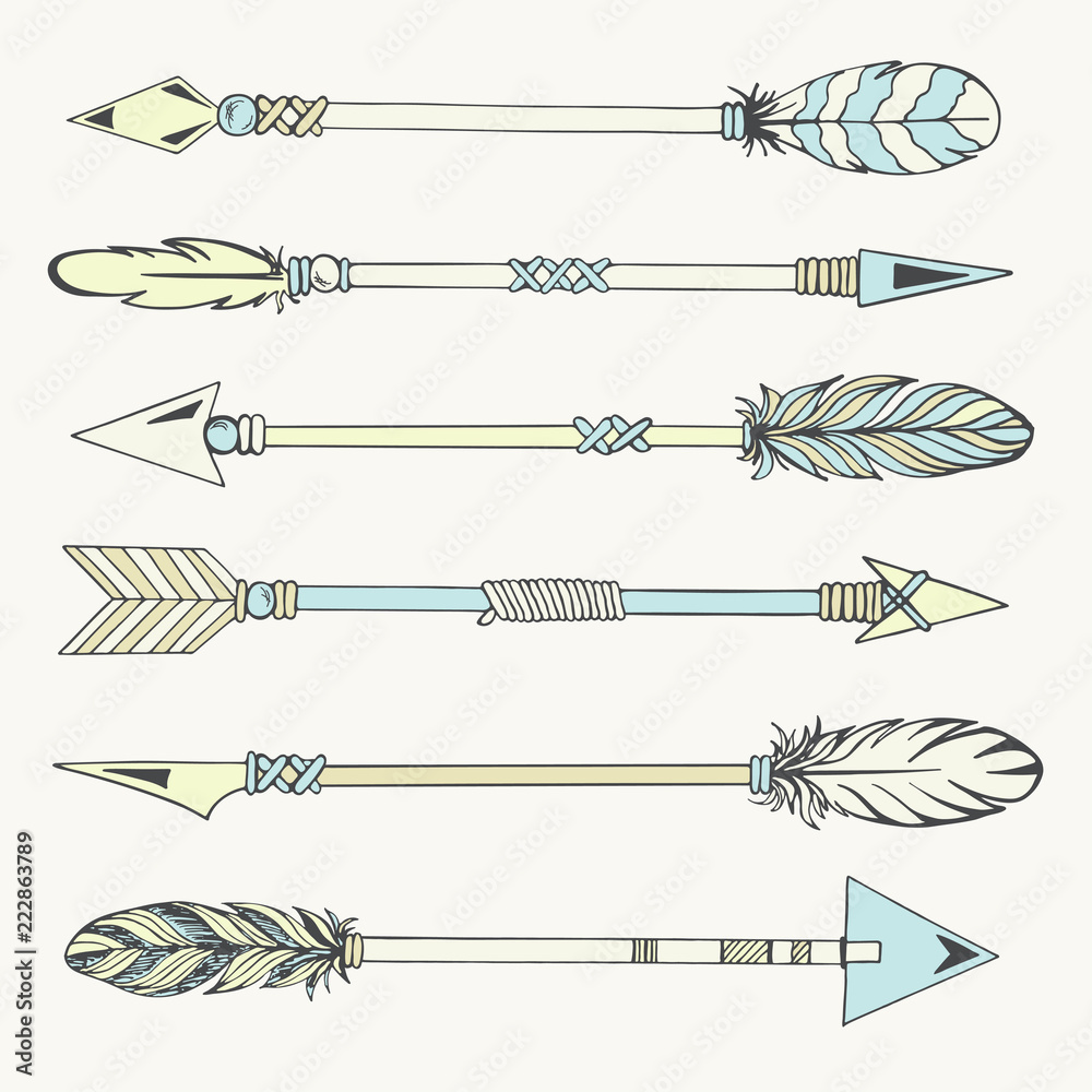 Tribal Indian arrow set. Colorful ethnic hand drawn vector illustration ...