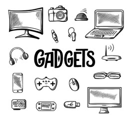 Different computer gadgets icon. Doodle vector illustration isolated on white background. Hand drawn sketch drawing, electronic laptop, video camera, wi fi, smart watches and more