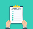 © iiierlok_xolms - Man hold Attendance clipboard with checklist. Questionnaire, survey, clipboard, task list. Flat design, vector illustration on background.
