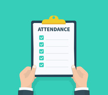Man Hold Attendance Clipboard With Checklist. Questionnaire, Survey, Clipboard, Task List. Flat Design, Vector Illustration On Background.