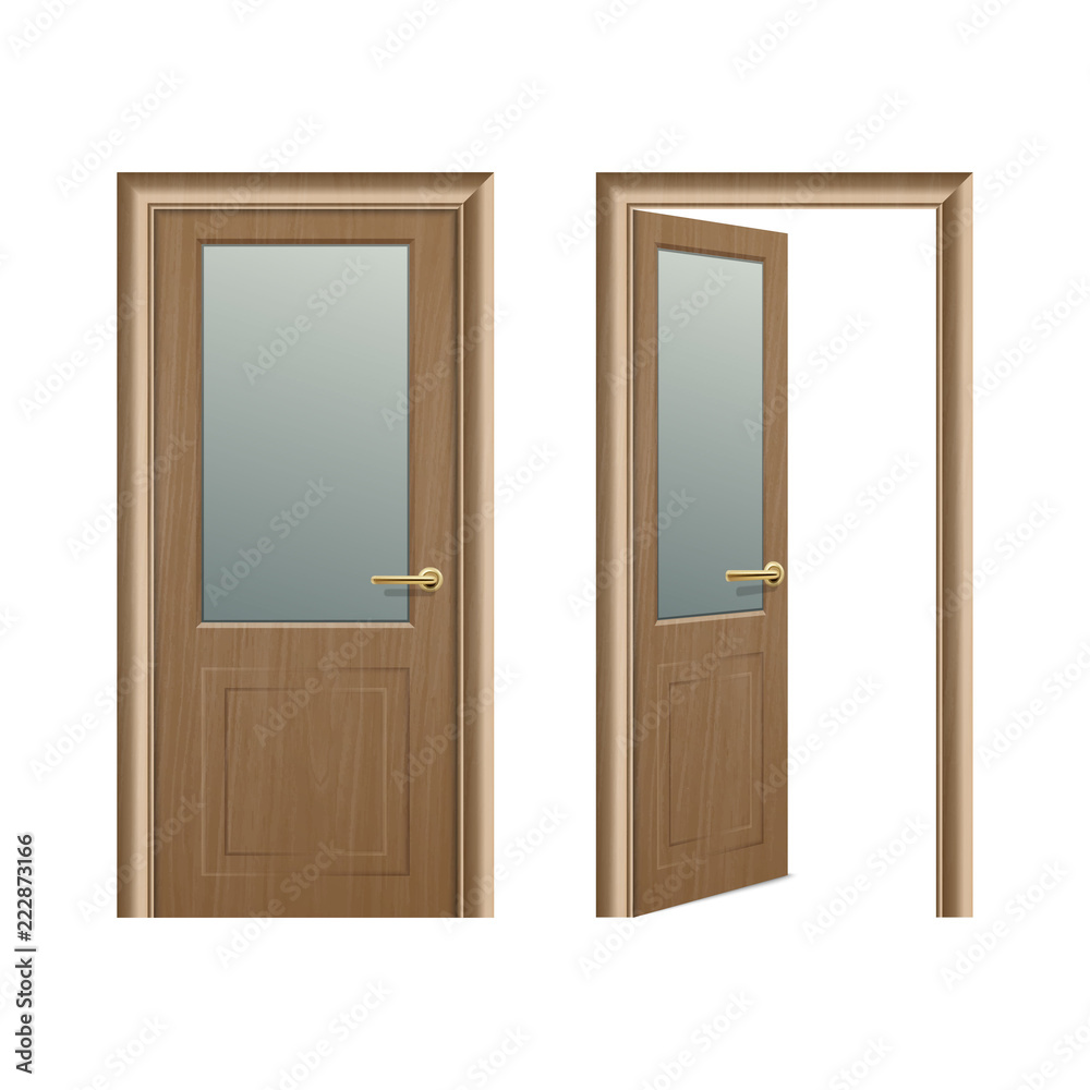 Vector realistic different opened and closed brown wooden door icon set ...