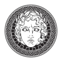 Greek And Roman God Apollo. Hand Drawn Antique Style Logo Or Print Design Art Vector Illustration.