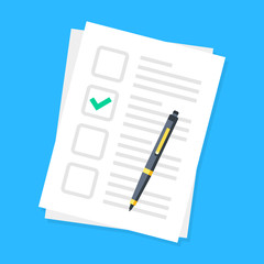 Poster - checklist and pen. application form, survey. document and green check mark in checkbox. sheet of pap