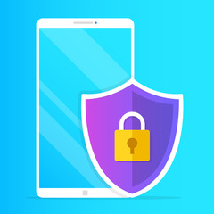 Poster - Mobile security. Smartphone and shield with lock icon. Personal data protection, encrypted information, privacy, antivirus, secure authentication concepts. Modern vector illustration
