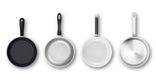 Vector Realistic 3d Empty Black, Silver, Non-stick, Enamel, White Cover Surface Frying Pan Icon Set In Top View Isolated On White Background. Design Template For Graphics