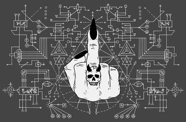 Wall Mural - Fuck off finger against sacred geometry background. Esoteric, occult and Halloween concept, mystic vector illustrations for music album, book cover, t-shirts