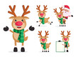 Reindeer vector character set. Rudolph christmas cartoon characters with santa claus isolated in white background. Vector illustration.
