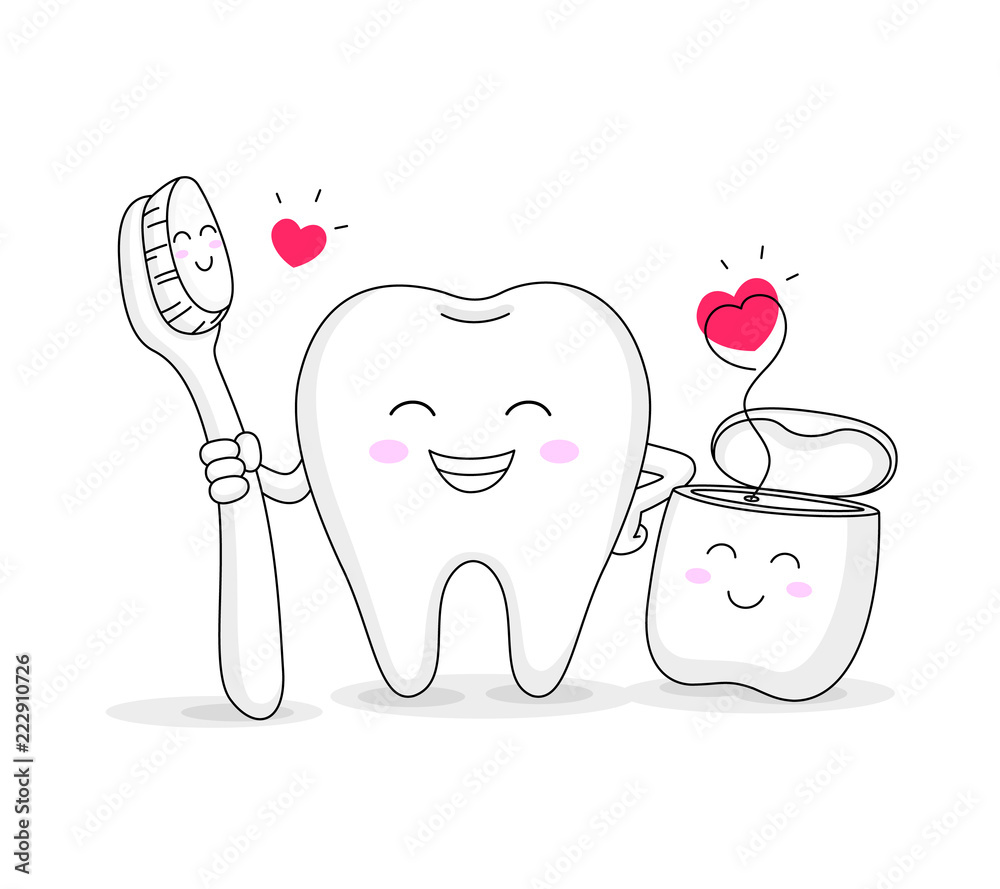 cute cartoon tooth character with toothbrush and dental floss. Dental ...