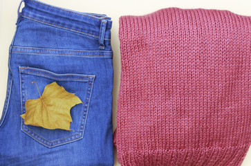 Women's sweater and jeans closeup, top view. Flat lay women's outfit in casual style.