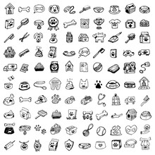 Hand Drawn Doodle Pets Stuff And Supply Icons Set. Vector Illustration. Vet Symbol Collection Cartoon Dogs And Cats Care Elements: Kennel, Leash, Food, Paw, Bowl, Bone And Other Goods For Pet Shop
