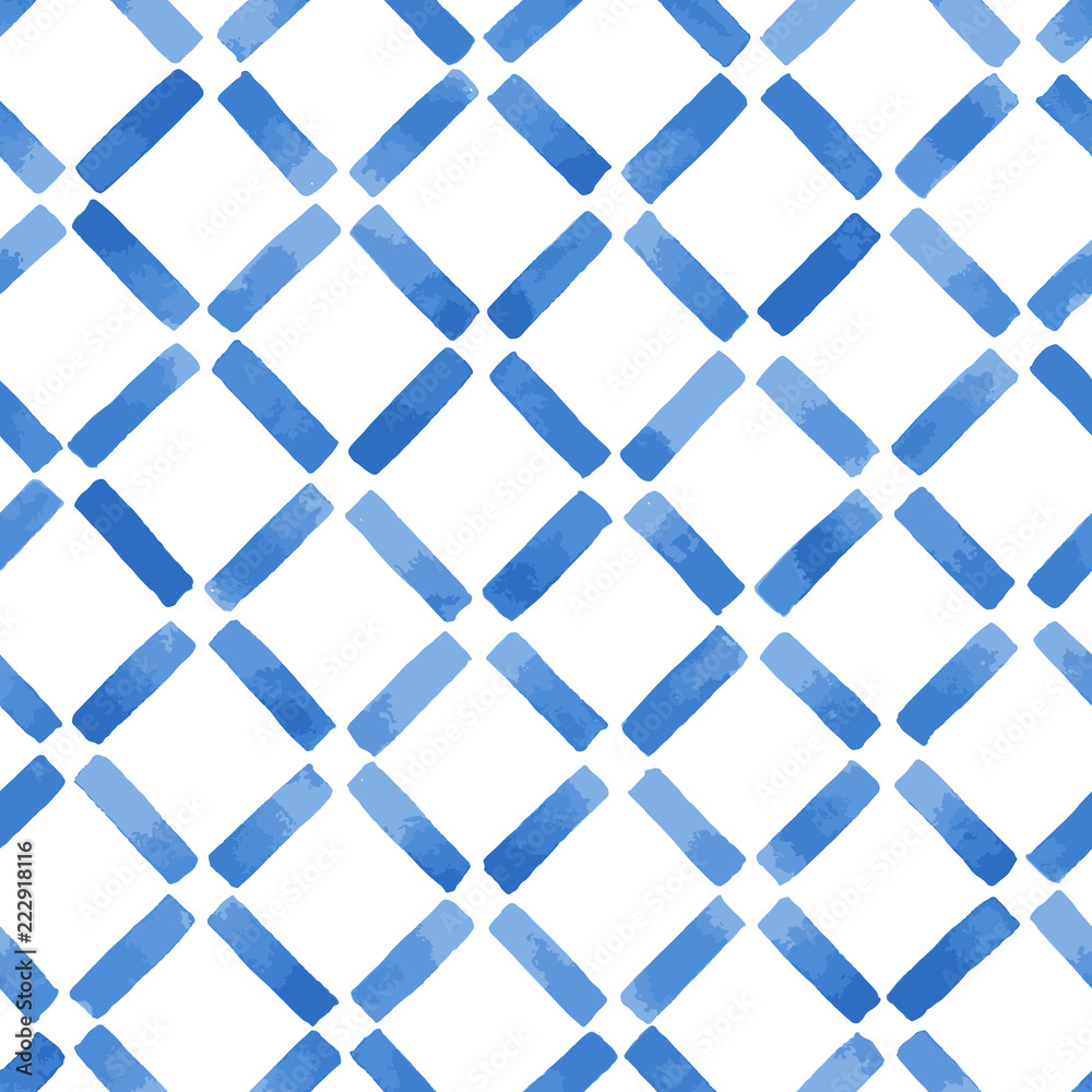 Hand painted geometric diagonal grid in blue. Seamless vector pattern ...