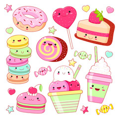 Wall Mural - Set of cute sweet icons in kawaii style