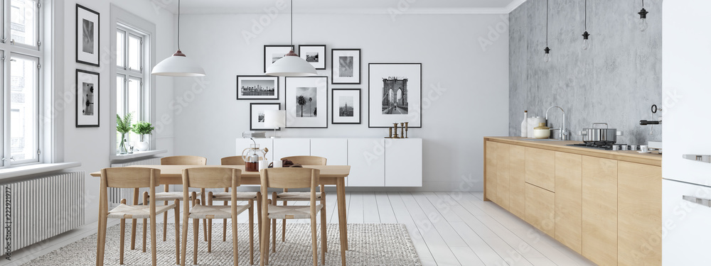 modern nordic kitchen in loft apartment. 3D rendering - obrazy, fototapety, plakaty 