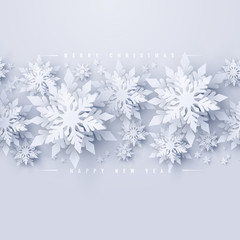 Wall Mural - vector merry christmas and happy new year greeting card design with white realistic 3d layered paper
