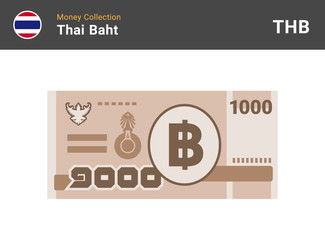 Thai baht banknone. Paper money 1000 THB. Flat style. Vector illustration.