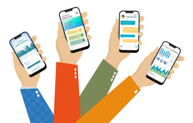 Poster - mobile phones in hand with different screens
