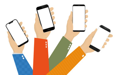 Poster - Different Mobile Phones in Hands Vector Illustration