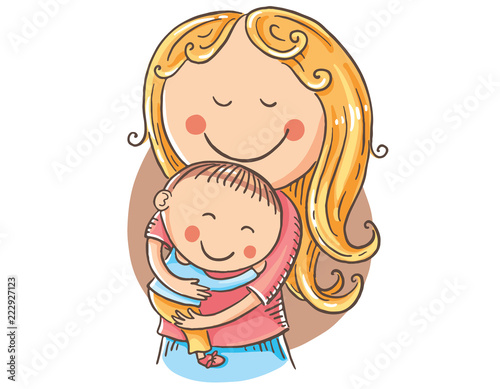 Happy cartoon mother with a child, vector clipart