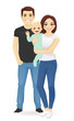 Young parents with newborn baby vector illustration isolated. Happy family portrait. Mother and father with daughter