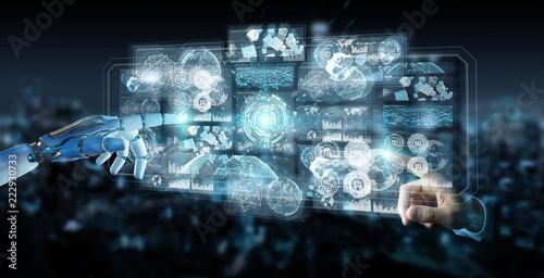 Fotografía White cyborg hand using digital datas interface 3D rendering