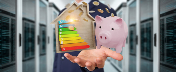Wall Mural - businessman saving money with good energy chart rating 3d rendering