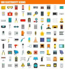 Poster - 100 electricity icon set. flat set of 100 electricity vector icons for web design