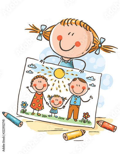 Little girl has drawn a picture of her family