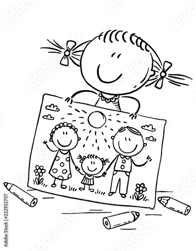 Little girl has drawn a picture of her family