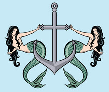 Pair Of Beautiful Mermaids With Long Hair On The Background Of The Anchor