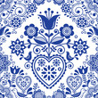 Seamless folk art vector pattern with birds and flowers, Scandinavian or Nordic navy blue repetitive floral design
