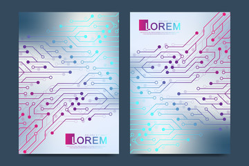 Poster - Modern vector template for brochure, leaflet, flyer, cover, catalog, magazine, banner or annual report. Computer motherboard background with circuit board electronic texture, engineering concept, A4