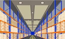 Warehouse Interior With Boxes On Rack Perspective Front Viewpoint. Vector With Flat And Solid Color Style Illustration.