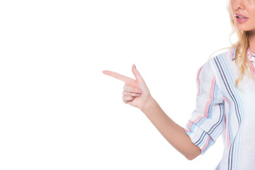 woman showing something isolated on white